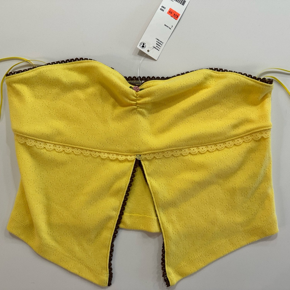 Yellow Strapless Top with Brown Trim